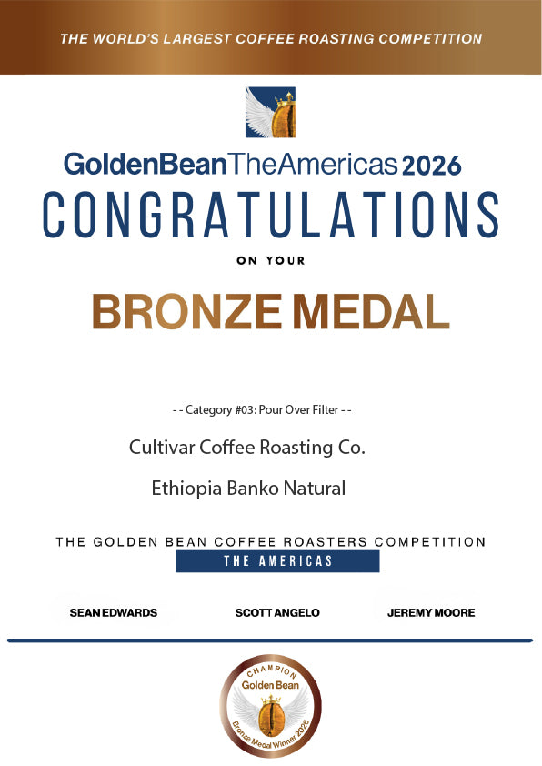 Golden Bean The Americas 2026 bronze medal certificate awarded to Cultivar Coffee for Ethiopia Banko Natural, Pour Over Filter category