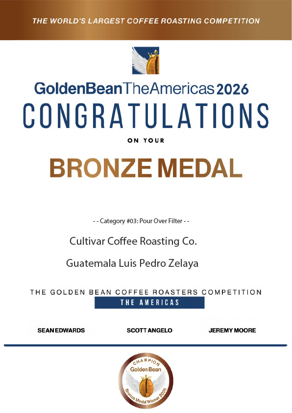 Golden Bean The Americas 2026 bronze medal certificate awarded to Cultivar Coffee for Guatemala Luis Pedro Zelaya, Pour Over Filter category
