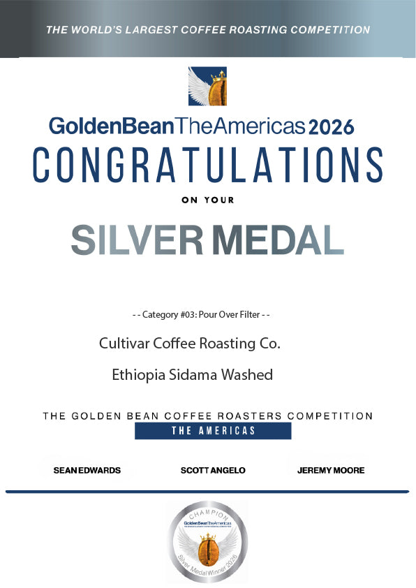 Golden Bean The Americas 2026 silver medal certificate awarded to Cultivar Coffee for Ethiopia Sidama Washed, Pour Over Filter category