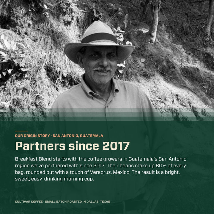 Black-and-white portrait of a coffee grower in a straw hat: Breakfast Blend origin story, San Antonio, Guatemala, partners since 2017