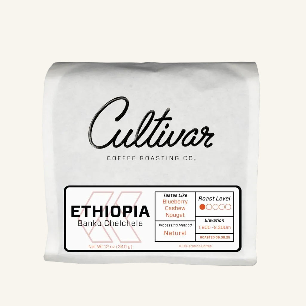 Retail bag of Cultivar Coffee Roasting Co.'s Ethiopia Banko Chelchele freshly roasted coffee beans
