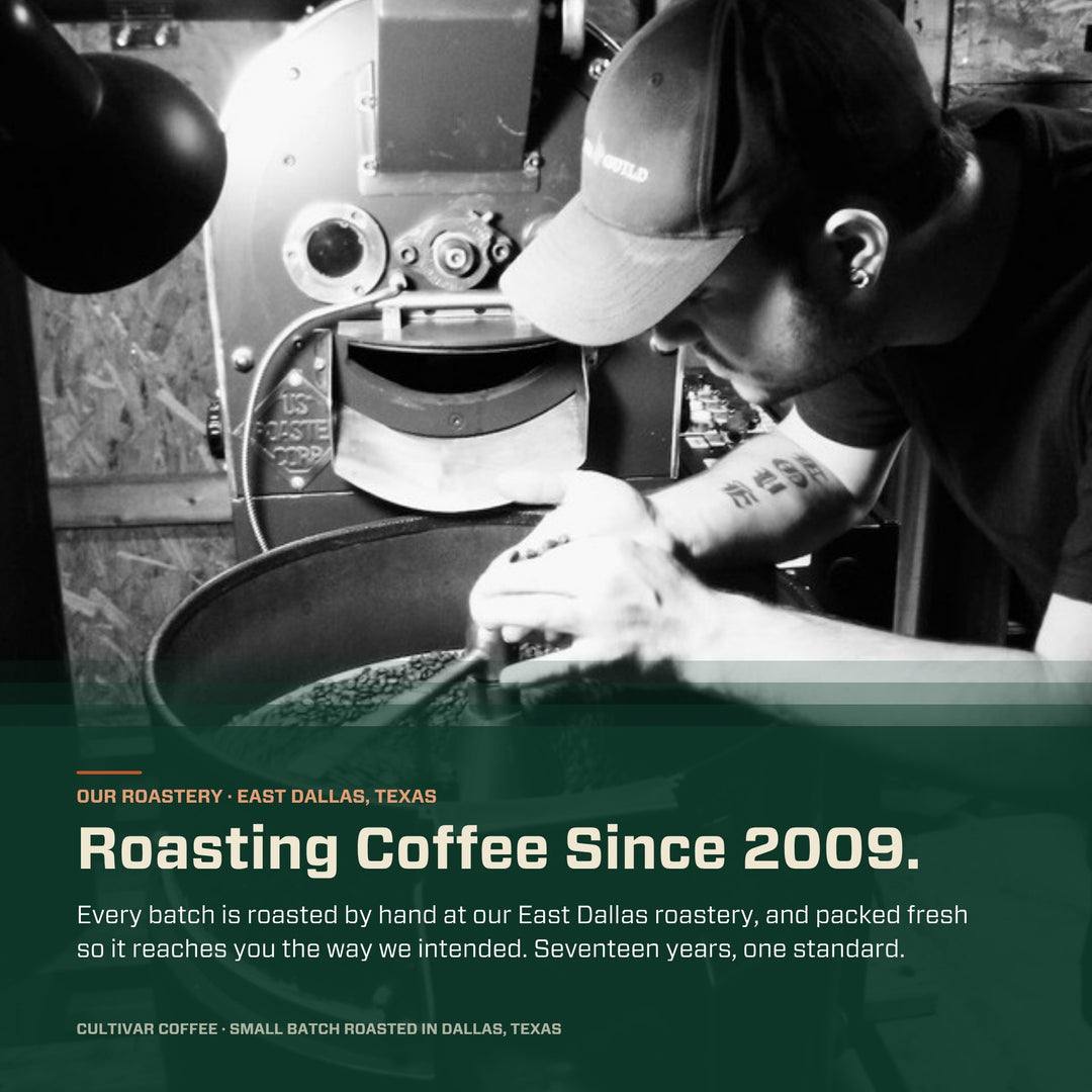 Roaster checking freshly roasted beans in the cooling tray at Cultivar&