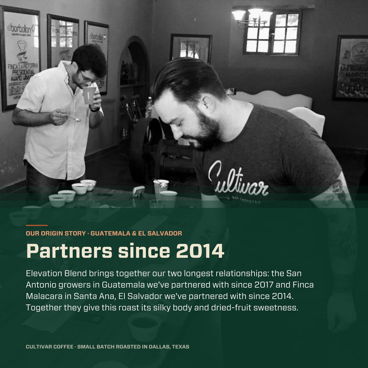 Black-and-white photo of a coffee cupping with a green panel: Elevation Blend origin story, partners in Guatemala and El Salvador since 2014