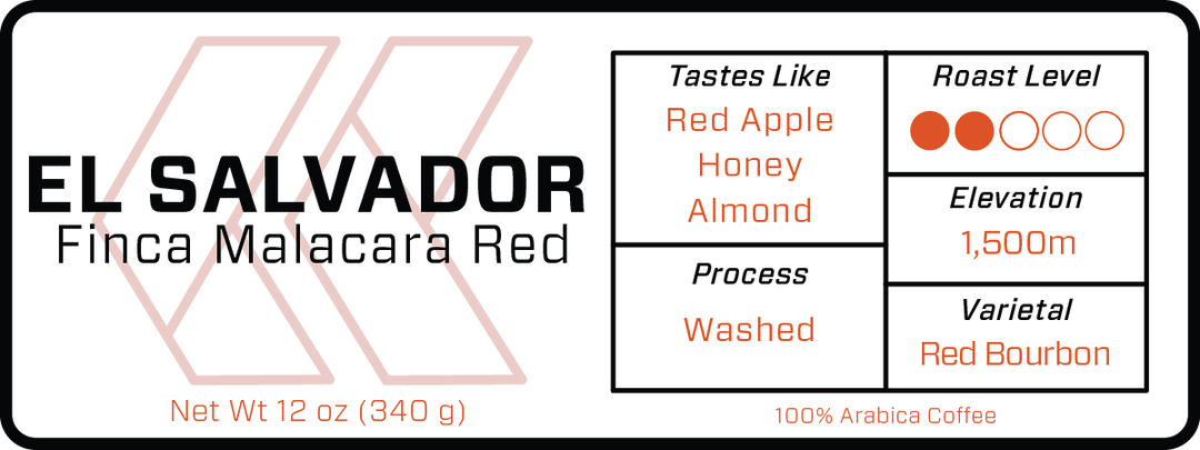 El Salvador Finca Malacara Red coffee label: red apple, honey and almond notes, Red Bourbon
