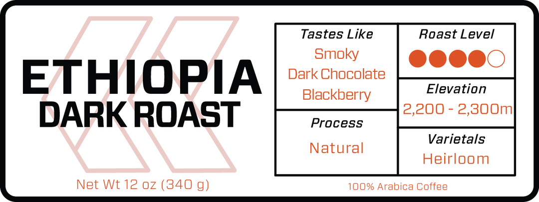 Ethiopia Dark Roast coffee label: smoky, dark chocolate and blackberry notes, natural process