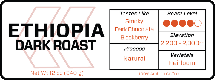 Ethiopia Dark Roast coffee label: smoky, dark chocolate and blackberry notes, natural process