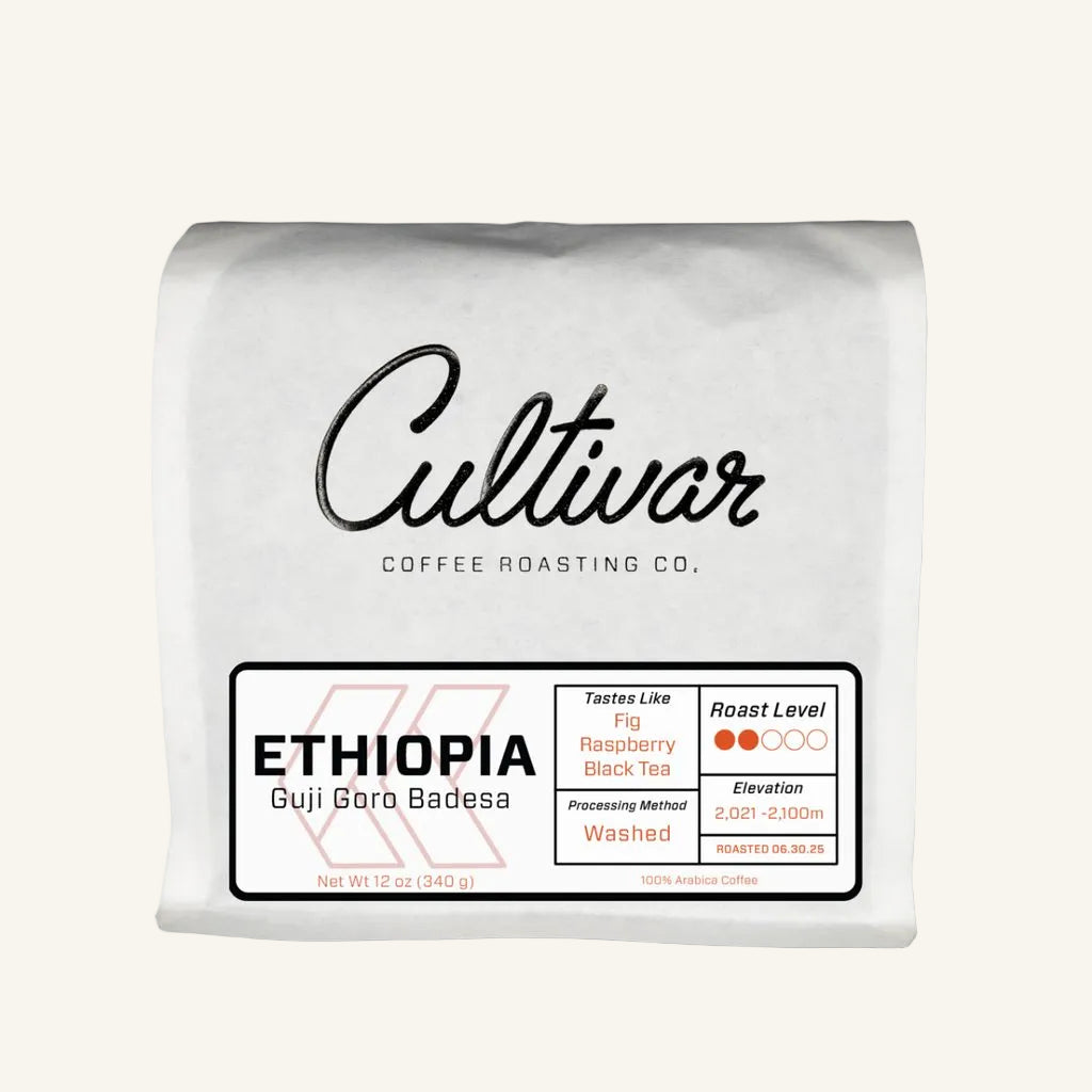 Retail bag of Cultivar Coffee Roasting Co.'s Ethiopia Guji Goro Badesa freshly roasted coffee beans