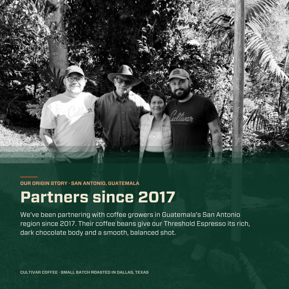 Black-and-white photo of four coffee partners on a farm: Threshold Espresso origin story, San Antonio, Guatemala, partners since 2017
